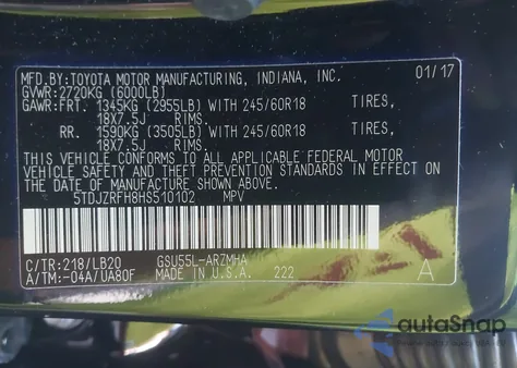 2017 Toyota Highlander Xle из США, поврежденный, VIN 5TDJZRFH8HS510102